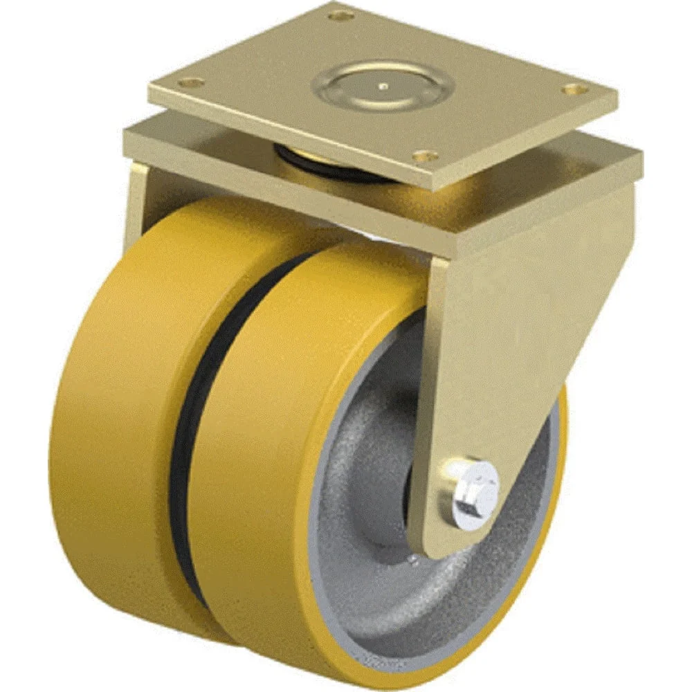 Большегрузное сдвоенное колесо КубаньЛитМаштяжёлой серии с контактным полиуретановым слоем на стальной панели с поворотным узлом, основание коласа из чугуна LSD-GTH