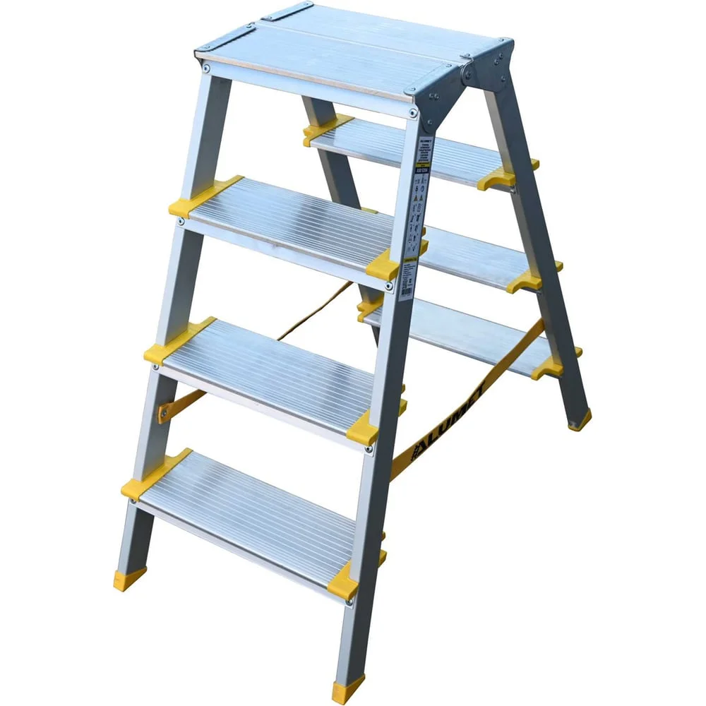 Cтремянка Алюмет алюминиевая двухсторонняя с анодированным покрытием с широкими ступенями 2x4 ступеней. Серия ASD 5204