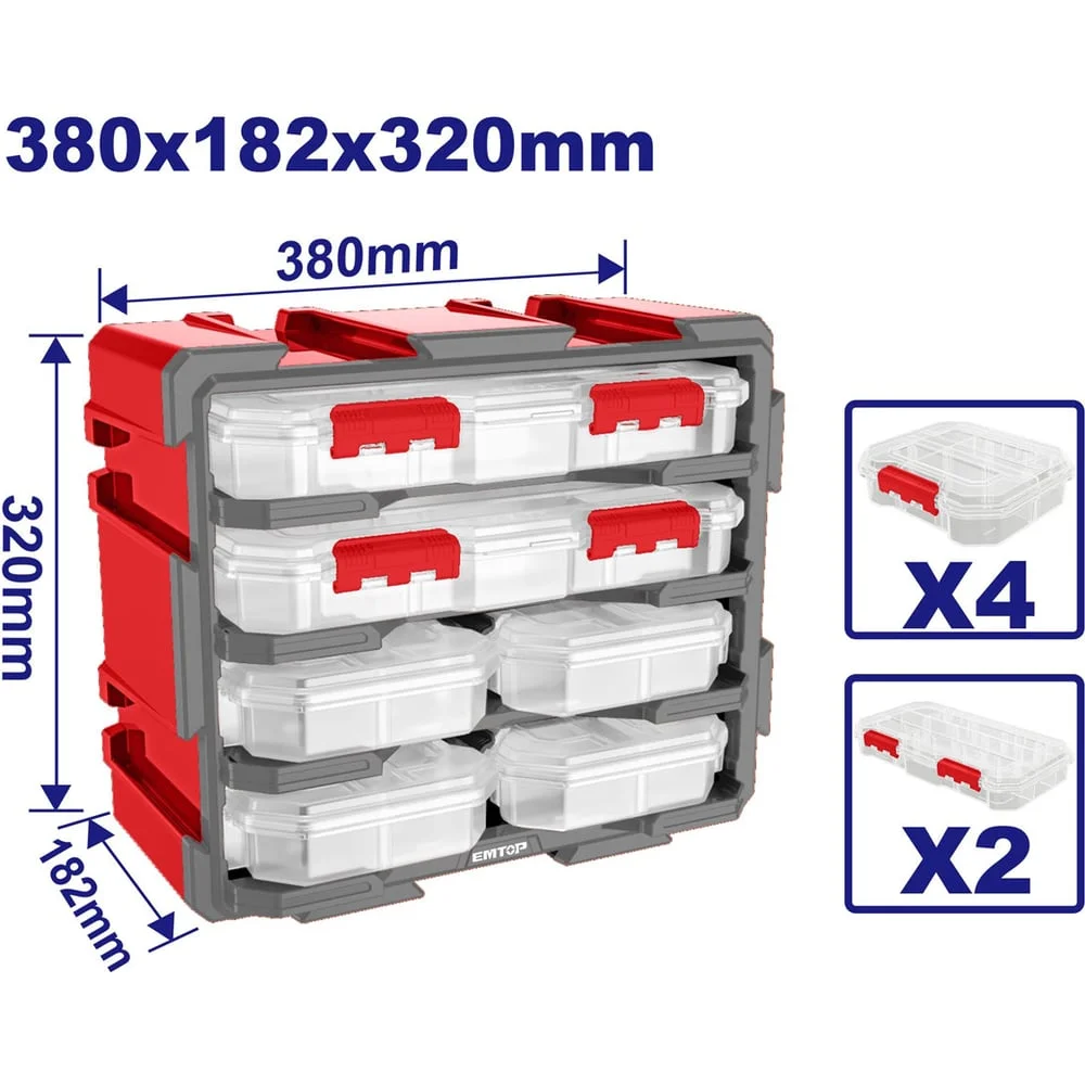 Система хранения с пластиковыми ящиками emtop Прозрачный органайзер из 4 предметов Размер: 180x165x50 мм и 2 предметов Размер: 320x180x50 мм